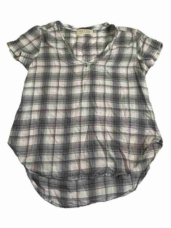 Tops - Lightweight Grey Pink Plaid Curved Hem Casual Top